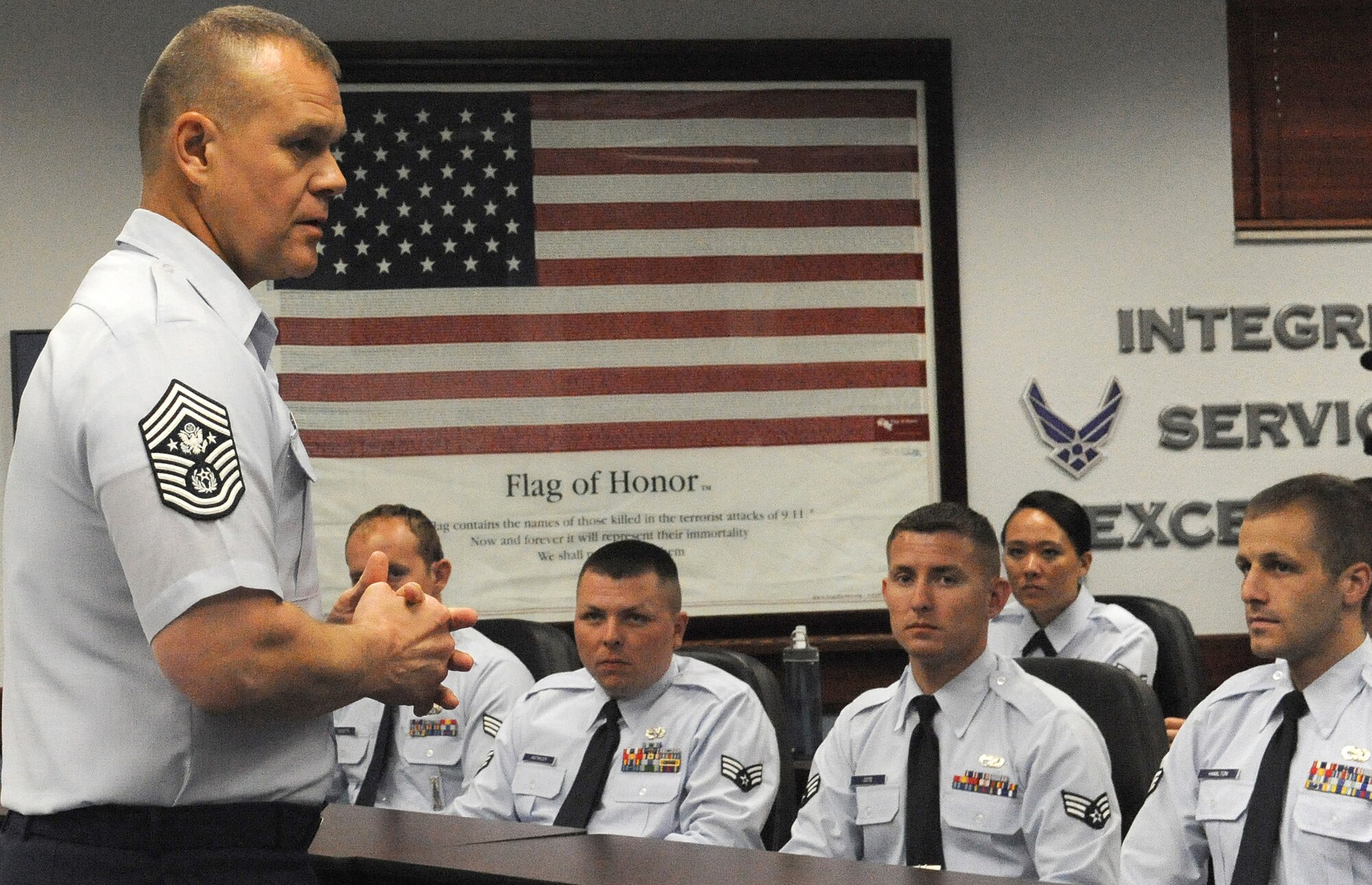 Chief Master Sgt. of the Air Force James A. Roy, speaks to Airman Leadership School students July 30, 2012 at Scott Air Force Base, Ill. Roy discussed the importance of the transition from Junior Enlisted Airman to Noncommissioned Officer in today's Air Force. (U.S. Air Force photo/Airman 1st Class Jaeda Waffer)