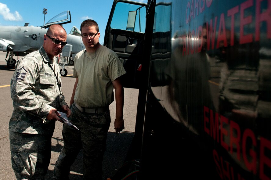 Master Sgt. Tony Karpenko, U.S. Naval Supply Fleet Logistic Center Pearl Harbor fuels department quality control inspector on Hickam Field, questions Senior Airman Eric Smith, 307th Logistics Readiness Squadron, Barksdale Air Force Base, La., about proper procedures while refueling the A-10 Thunderbolt IIs July 25. The Airmen operating the U.S. Naval Supply Fleet Logistic Center Pearl Harbor fuels department on Hickam Field pumped more than 10 million gallons of fuel to support air operations for RIMPAC. Twenty-two nations, more than 40 ships and submarines, more than 200 aircraft and 25,000 personnel are participating in RIMPAC exercise from Jun. 29 to Aug. 3, in and around the Hawaiian Islands. The world's largest international maritime exercise, RIMPAC provides a unique training opportunity that helps participants foster and sustain the cooperative relationships that are critical to ensuring the safety of sea lanes and security on the world's oceans. RIMPAC 2012 is the 23rd exercise in the series that began in 1971. (U.S. Air Force photo/Staff Sgt. Mike Meares)  