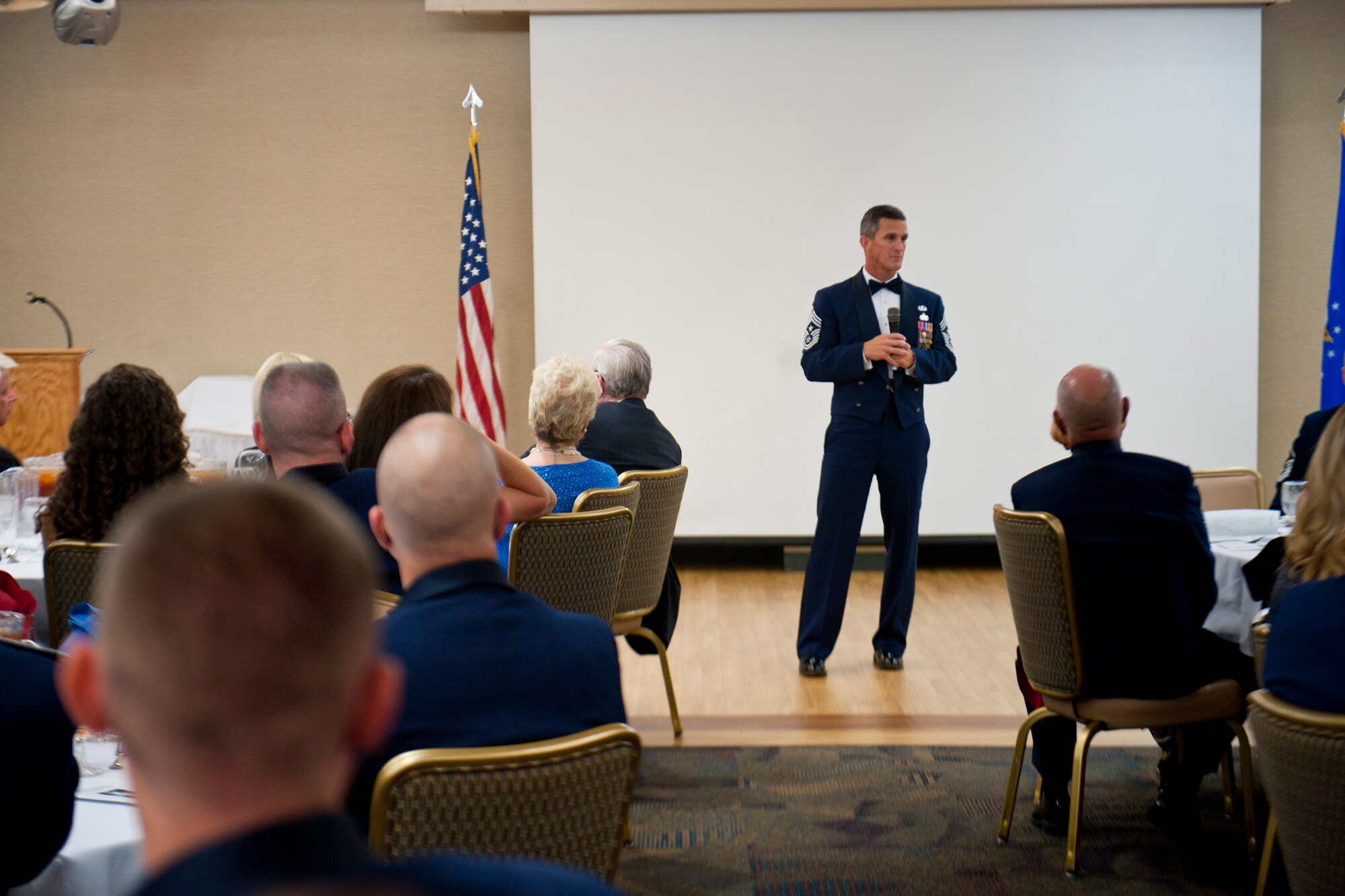 U.S. Air Force Chief Master Sgt. Rick Parsons, command chief of Air Combat Command, gives remarks during an Airman Leadership School graduation Aug. 2, 2012, at Moody Air Force Base, Ga. Parsons spoke about his views on what it takes to be an effective leader and being a model Airman both on and off duty. (U.S. Air Force photo by Staff Sgt. Jamal D. Sutter/Released) 