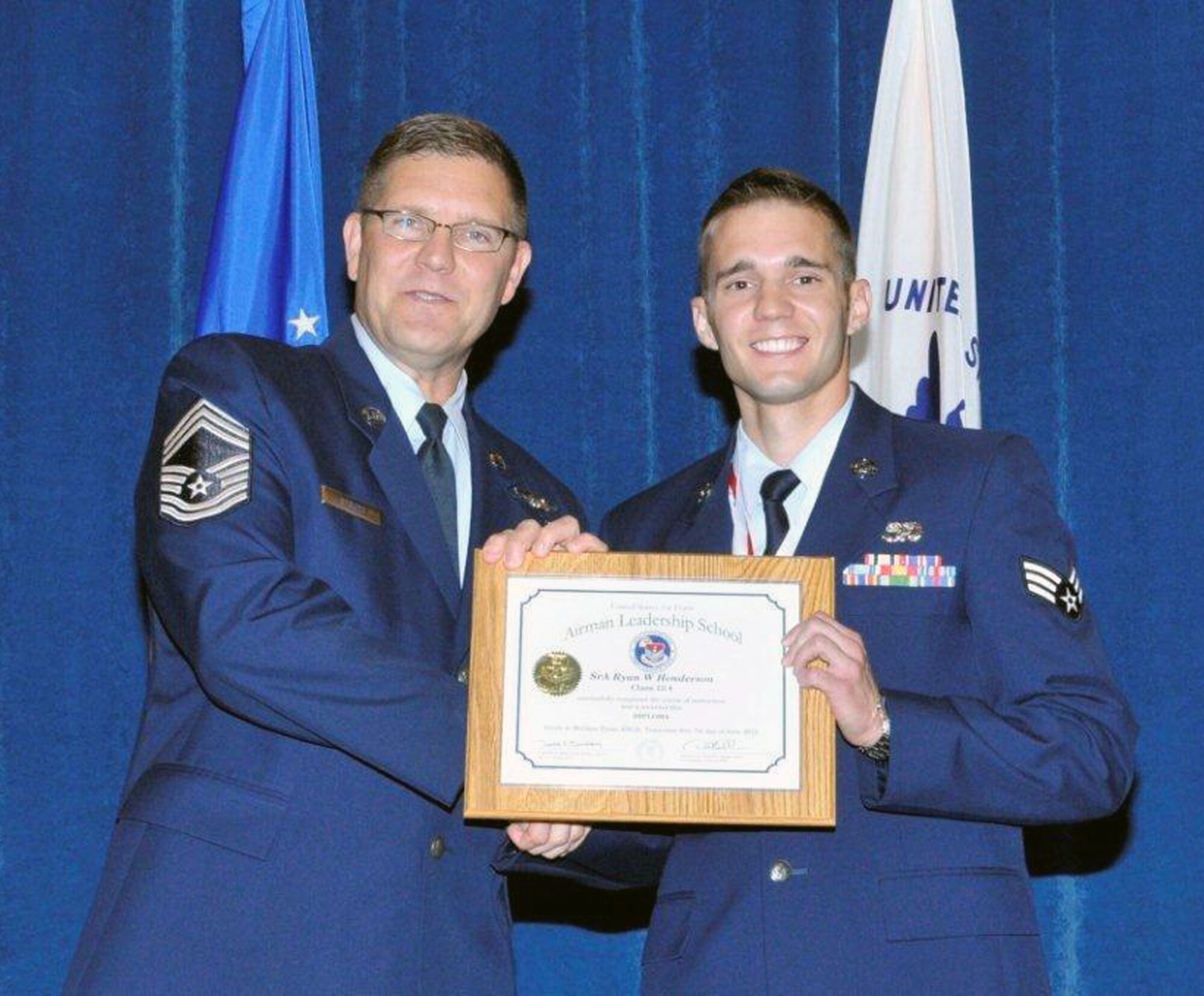 WRIGHT-PATTERSON AIR FORCE BASE, Ohio - Senior Airman Ryan Henderson, 87th Aerial Port Squadron air transportation journeyman, left his mark in Tennessee June 7 when he completed Airman Leadership School at McGee Tyson Air National Guard, Tenn., and received the Distinguished Graduate Award. (Courtesy photo)