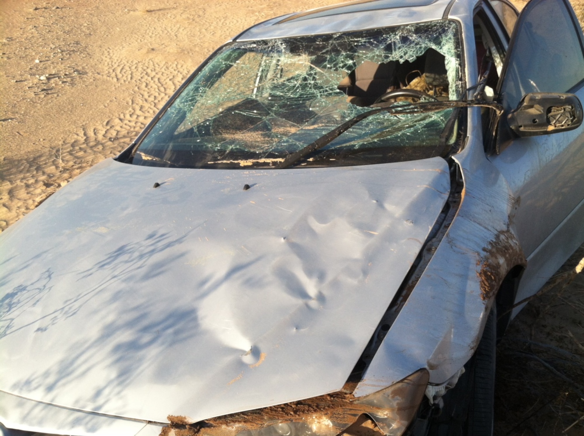 Senior Airman Dallas Ansick, 56th Security Forces Squadron desk sergeant, lost control of his car July 16 on a trip home from Disneyland. He credits seatbelts and a child safety seat with saving the occupants from serious injury. (Courtesy photo)
