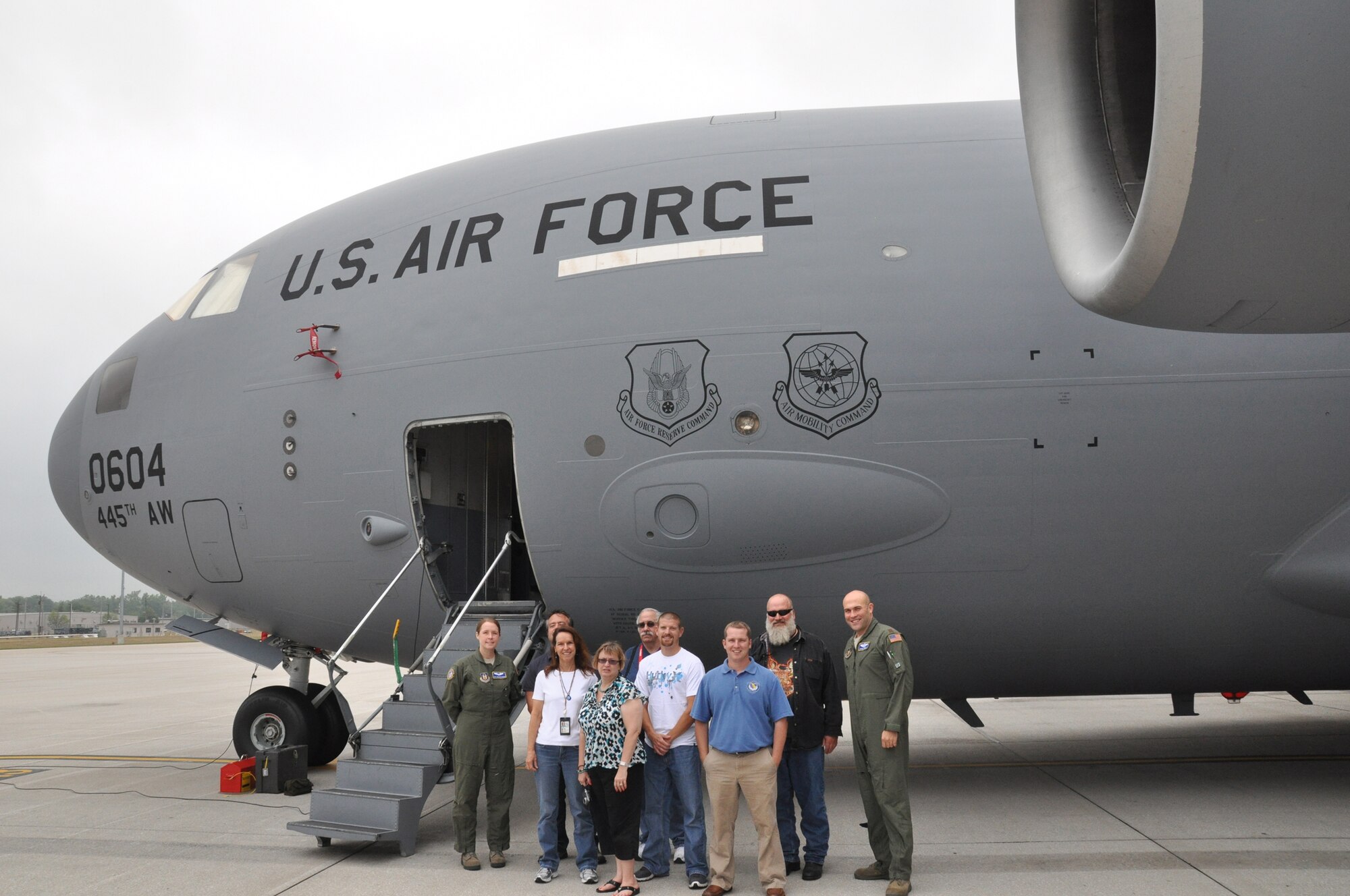 WRIGHT-PATTERSON AIR FORCE BASE, Ohio – Seven participants of the 88th Air Base Wing Focus Week toured a 445th Airlift Wing C-17 Globemaster III July 20. Focus Week allows base personnel to choose from a host of classes devoted to professional development. (U.S. Air Force photo/Capt. Demetrius Smith)
