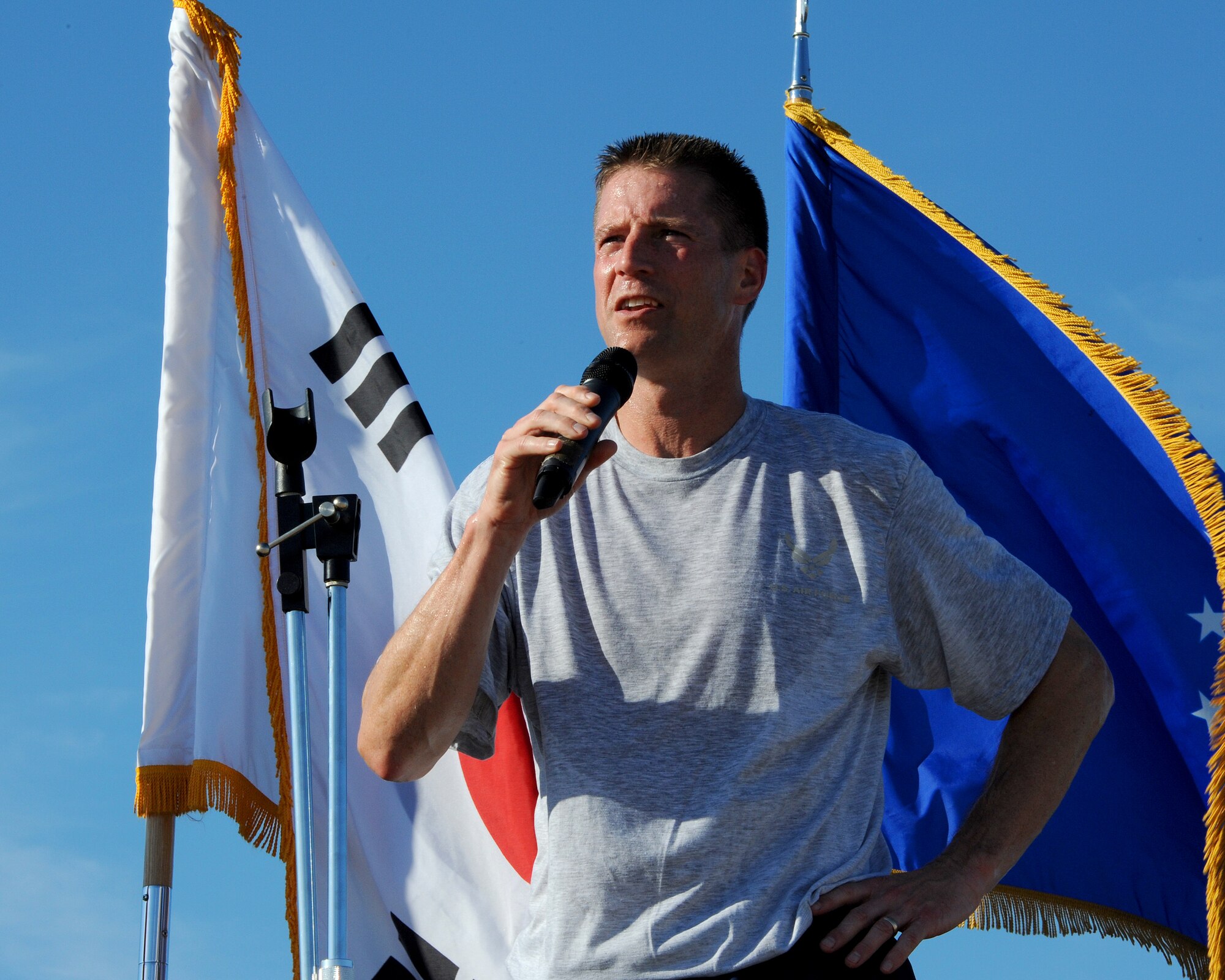 Col. Douglas Nikolai, 8th Fighter Wing vice commander, speaks to the Wolf Pack following the run down the flightline on Kunsan Air Base, Republic of Korea, Aug. 3, 2012. This is the first Warrior Run for the newest group of Wing and Group leadership at Kunsan AB. (U.S. Air Force photo/Staff Sgt. Jonathan Fowler)