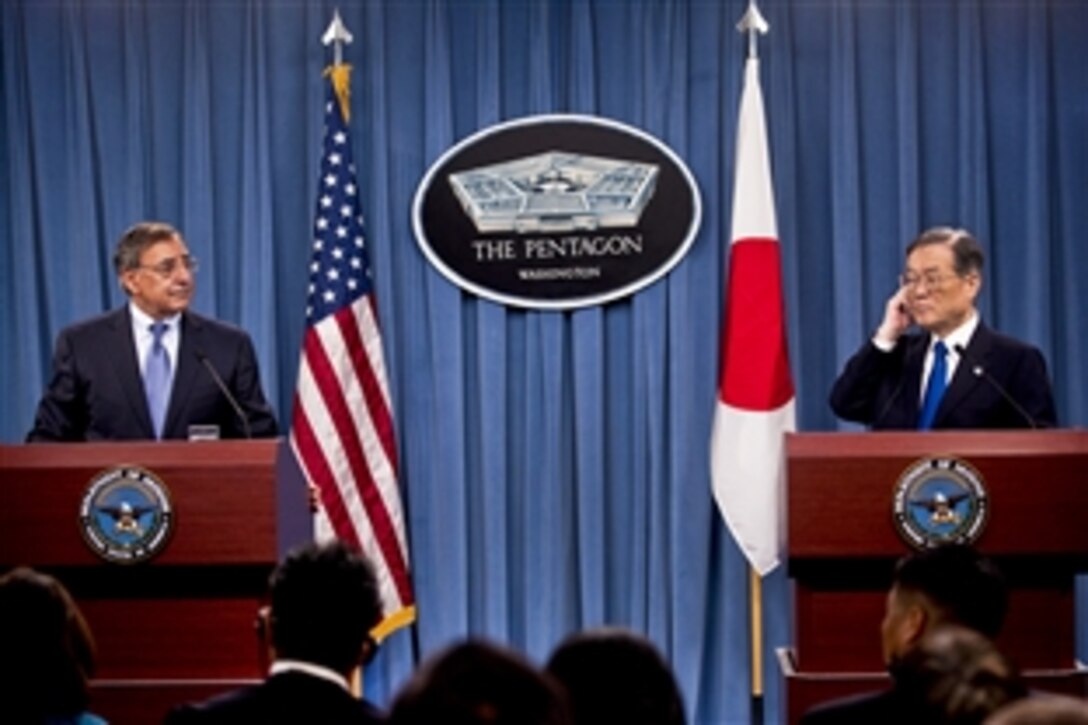 U.S. Defense Secretary Leon E. Panetta and Japanese Defense Minister Satoshi Morimoto conduct a joint press conference at the Pentagon, Aug. 3, 2012. The two defense leaders met to discuss issues of mutual concern.