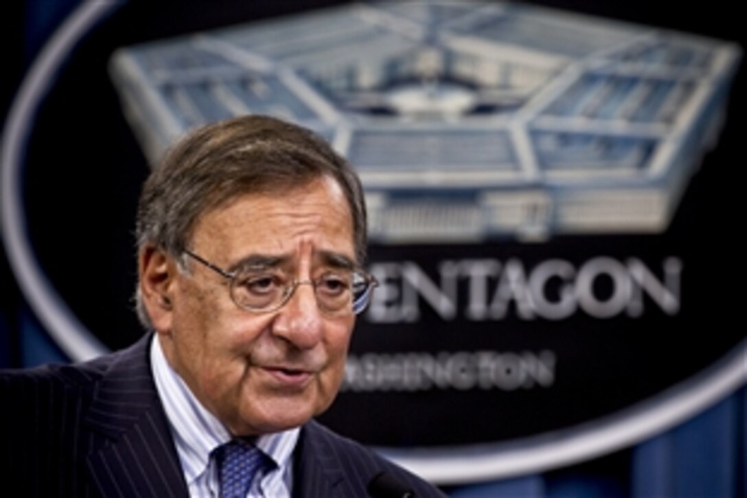U.S. Defense Secretary Leon E. Panetta comments during a joint press conference with Japanese Defense Minister Satoshi Morimoto at the Pentagon, Aug. 3, 2012. The two defense leaders met to discuss issues of mutual concern.
