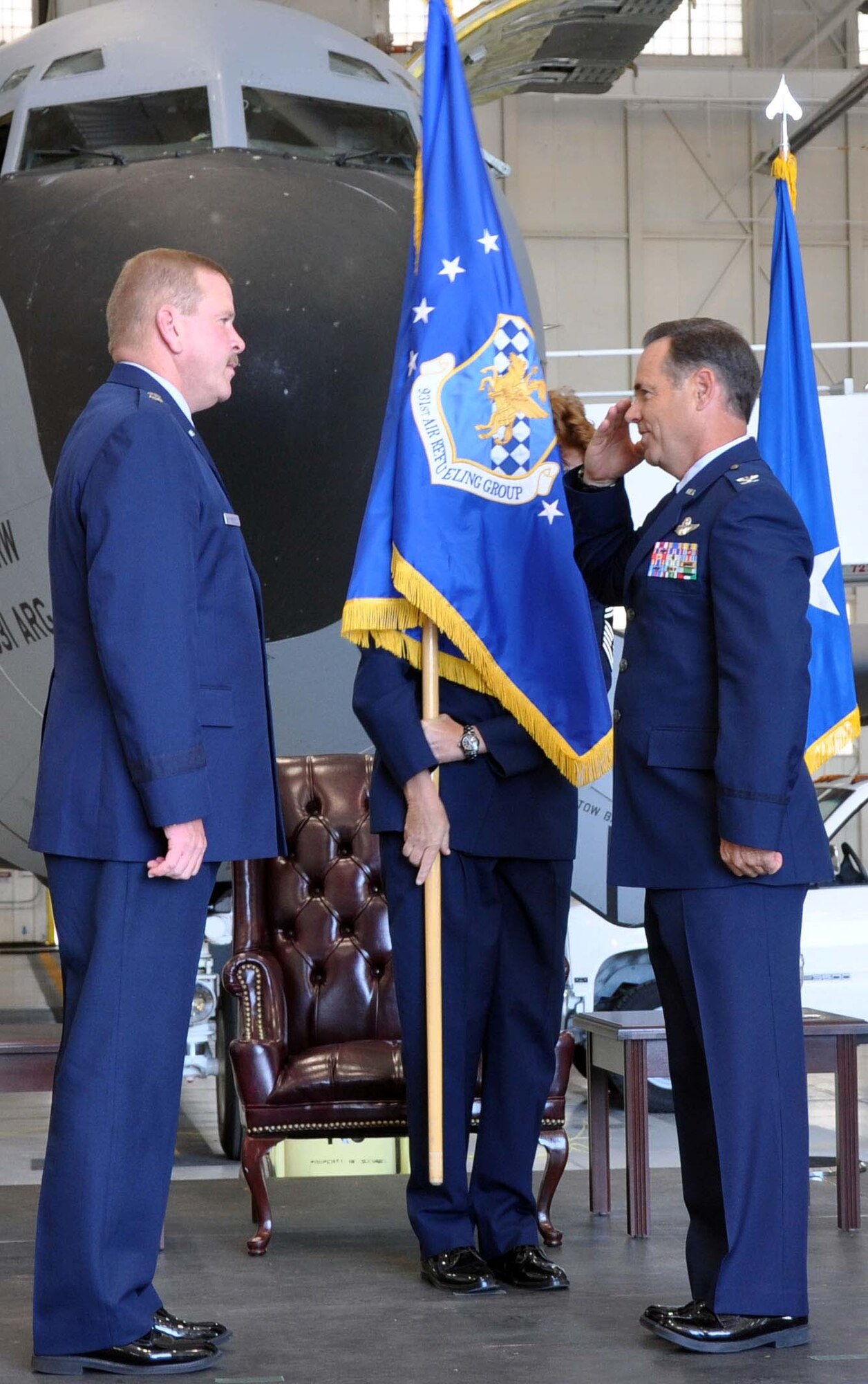 Colonel Mark S. Larson, 931st Air Refueling Group commander, salutes Maj. Gen.  Mark A. Kyle, Commander, 4th Air Force, during a change of command ceremony at McConnell AFB, Aug. 4.  Larson assumed command from outgoing commander, Col. William H. Mason.  Larson Is the tenth commander of the 931st since the unit’s reactivation at McConnell in 1995. (U.S. Air Force photo by Staff Sgt. Carrie M. Peasinger)