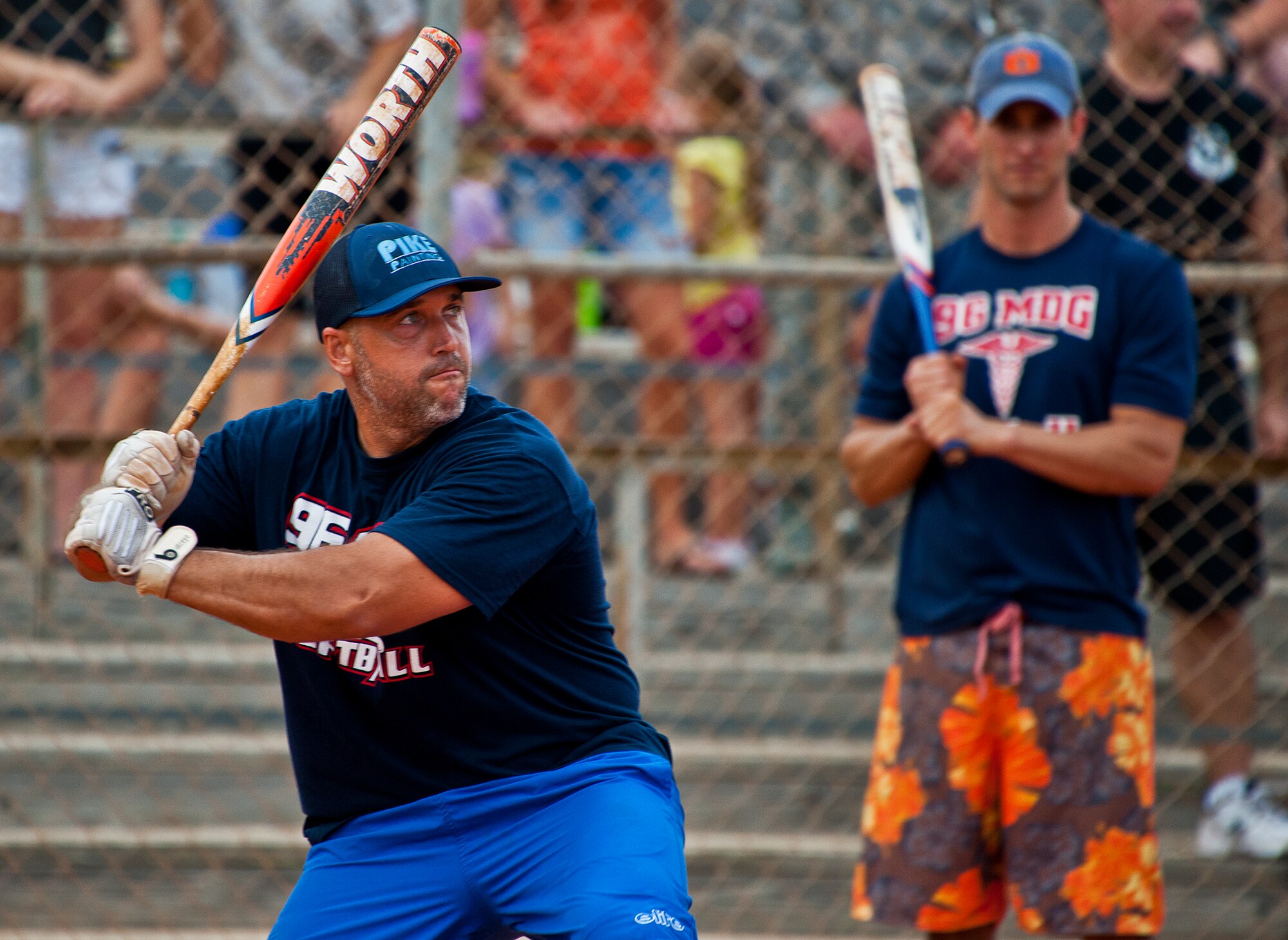 96th Medical Group’s Jeff Milam waits for his pitch as Charles Dean stands on deck during the intramural softball championship game Aug. 2 at Eglin Air Force Base, Fla.  MDG won the championship beating the Armament Directorate in final inning 7-6.  (U.S. Air Force photo/Samuel King Jr.)