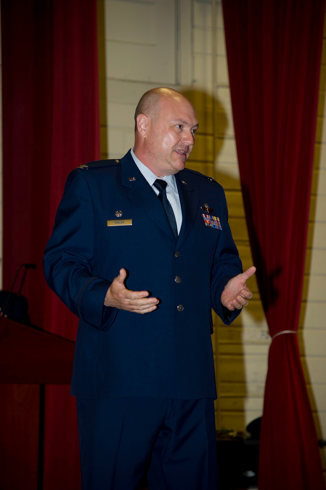 Lt. Col. Scott Minton, 912th Air Refueling Squadron incoming commander, takes command of the 912th ARS from Lt. Col. Brice Middleton, 912th ARS  outgoing commander, July 21, during a change of command ceremony in the Cultural Resource Center. Col. Shawn Teagan, 92nd Operations Group commander, Fairchild AFB, Wash., presided over the event. Senior Master Sgt. Eric Butt, 912th ARS first sergeant, holds the guidon which symbolizes the transfer of authority from the old to the new commander. (U.S. Air Force photo by Staff Sgt. Matthew Smith)