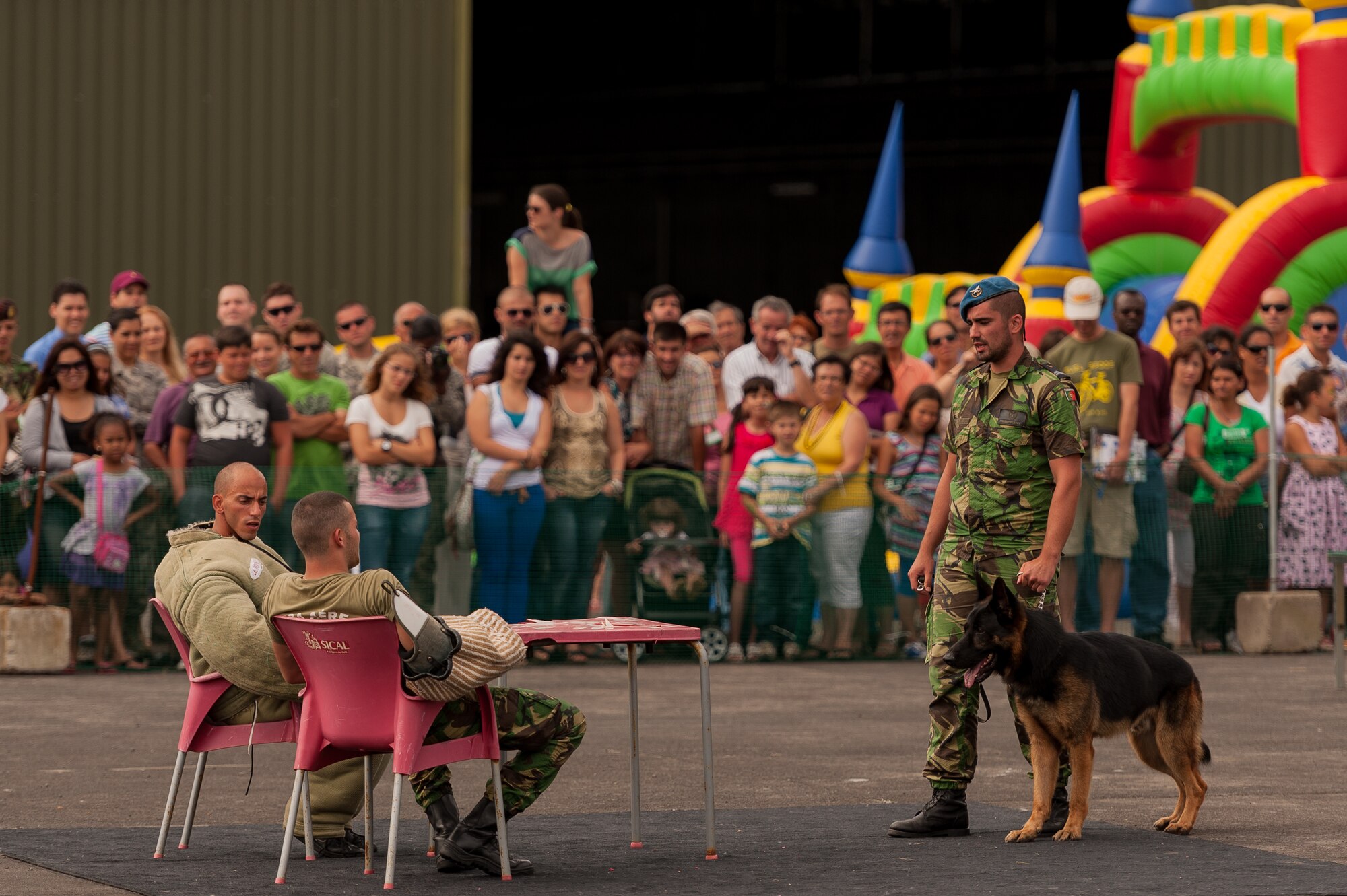 Portuguese Air Force security forces members perform a military working dog demonstration during the 2012 Open House at Lajes Field, Aug. 5, 2012. Members of the 65th Air Base Wing supported an Open House event hosted by their Portuguese Air Force partners at Lajes Field.  The event featured various activities including a mini bazaar, military working dog demonstrations, aircraft displays and live performances by Rock After Midnight (R.A.M) and the USAFE Band, Touch 'n Go.  (Photo by Lucas Silva)