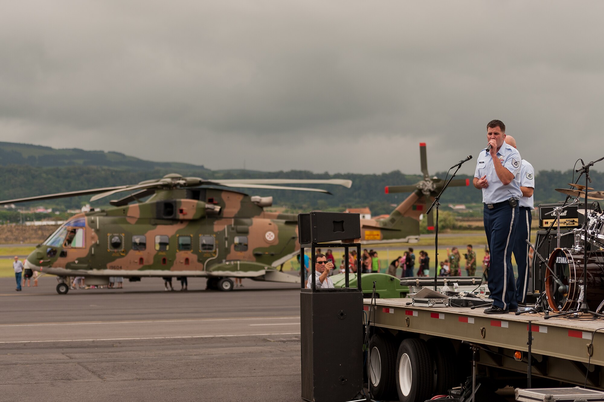 US Air Forces in Europe band, Touch N’ Go performs during Open House at Lajes Field, Aug. 5, 2012. The Open House provided an opportunity for Team Lajes to showcase our military readiness and capabilities to our local community.  The event featured various activities including a mini bazaar, military working dog demonstrations, aircraft displays and  live performances by Rock After Midnight (R.A.M) and the USAFE Band, Touch ‘n Go.  (Photo by Lucas Silva)