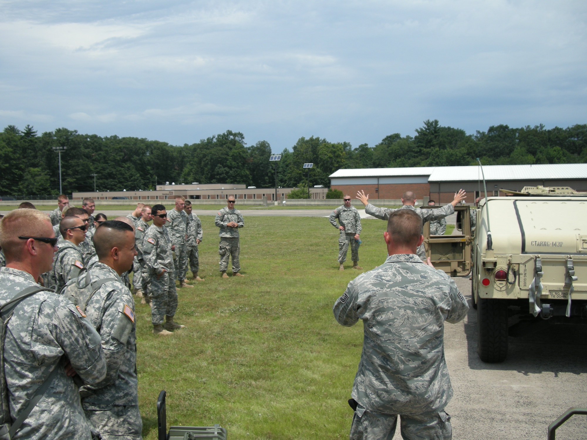 Members of the Connecticut Army National Guard 248th Engineer Company out of Norwich participate in specialized training as they received a glimpse into the Connecticut Air National Guard’s flightline air base defense operations with the 103rd Security Forces Squadron at Bradley Air National Guard Base, East Granby, Conn. July 17, 2012. (Photo courtesy of Tech. Sgt. Richard Marks, 103rd Security Forces Squadron)