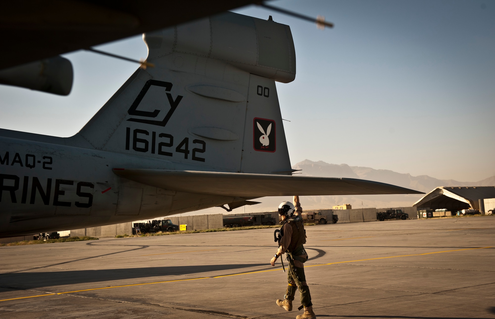 Marine Capt. Chris Martis, an Electronic Counter Measures Officer assigned to Marine Tactical Electronic Warfare Squadron-2, inspects an EA-6 Prowler before a mission at Bagram Airfield, Afghanistan, 2 August, 2012. In a fight where the enemy is updating their unconventional tactics, having a dedicated electronic warfare platform keeping watch over coalition forces can prove vital and the Marines of VMAQ-2 are well equipped to meet this mission. (U.S. Air Force Photo/Capt. Raymond Geoffroy)