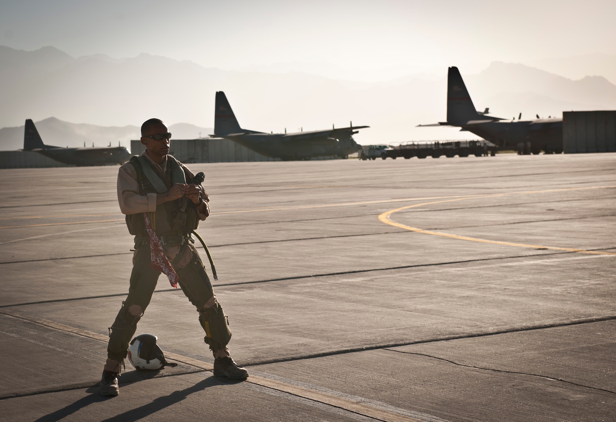 Marine Garon Taylor-Tyree, an Electronic Counter Measures Officer assigned to Marine Tactical Electronic Warfare Squadron-2, prepares for a mission at Bagram Airfield, Afghanistan, 2 August, 2012. Taylor-Tyree operates electronic warfare systems aboard the EA-6B Prowler, a long-range, all-weather aircraft with advanced electronic countermeasures capability. (U.S. Air Force Photo/Capt. Raymond Geoffroy)