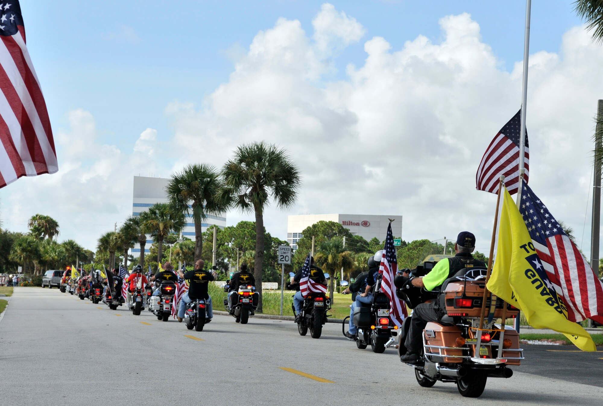 Patriot Guard Riders participate in the procession of Army Spc. Justin Louis Horsley. The Patriot Guard acts as a buffer between the general public, possible protesters and the grieving family and friends. Horsley a Palm Bay, Fla. resident was one of four members of the 173rd Airborne Brigade Combat Team, Caserma Ederle, Italy, killed when their patrol encountered an improvised explosive device while on patrol in Pul-E Alam, Afghanistan July 22.  (U.S. Air Force photo/Tech. Sgt. Peter Dean)  