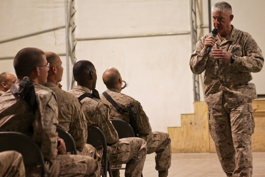 Major Gen. Charles M. Gurganus, commanding general, Regional Command Southwest, speaks to noncommissioned officers aboard Camp Leatherneck, Afghanistan, Aug. 5, 2012. Major Gen. Gurganus spoke to the Marines to keep them informed about the Marine Corps’ evolving role in Afghanistan.