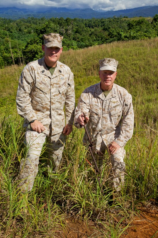 Gen. James F. Amos, the 35th Commandant of the Marine Corps, and Sgt. Maj. Micheal P. Barrett, the 17th Sergeant Major of the Marine Corps, tour Guadalcanal, Solomon Islands, Aug. 6, 2012.