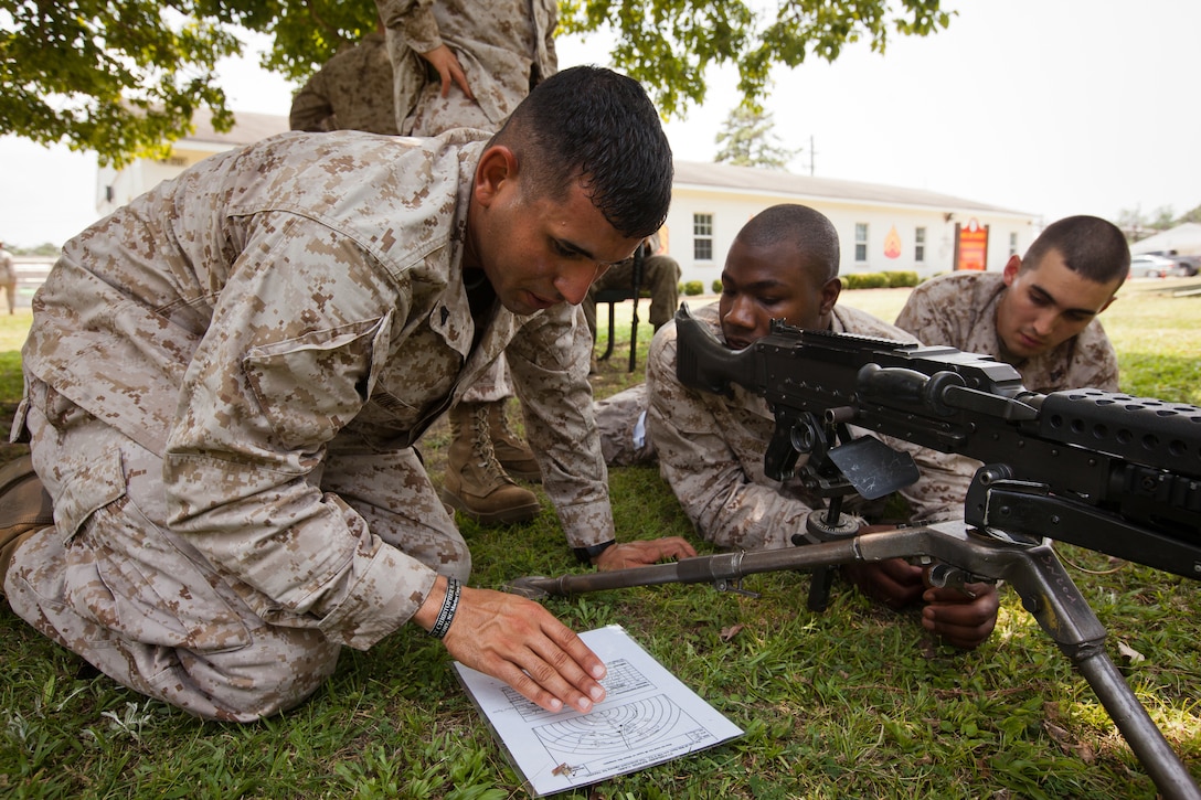 Corporal Elvis Nunez (left), a squad leader in 3rd Battalion, 6th Marine Regiment, shows Cpl. Vergil Johnson (middle), a tank crewman in 2nd Tank Battalion, and Cpl. Rickey Anspach Jr., an intelligence specialist in 8th Marine Regiment, how to apply principle direction of fire while conducting defensive operations at The Staff Non-Commissioned Officer’s Academy on Camp Johnson, N.C., June 22. The course is the first in a series of professional military education classes at the academy that provides Marines with leadership training to enhance their professional qualifications as they take on greater responsibility. 
