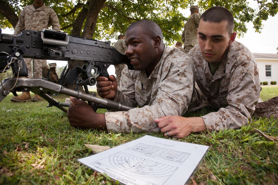 Corporal Vergil Johnson (left), a tank crewman in 2nd Tank Battalion,and Cpl. Rickey Anspach Jr., an intelligence specialist in 8th Marine Regiment, use a M240 medium machine gun while practicing principle direction of fire at The Staff Non-Commissioned Officer’s Academy on Camp Johnson, N.C., June 22. The course is the first in a series of professional military education classes at the academy that provides Marines with leadership training to enhance their professional qualifications as they take on greater responsibility.