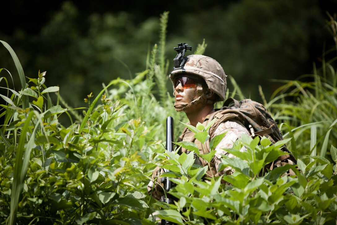 Lance Cpl. William Kozlosky, a rifleman in 3rd Battalion, 2nd Marine Regiment, takes cover during the final exercise of Corporal's Course at The Staff Non-Commissioned Officer’s Academy on Camp Johnson, N.C., June 25. The course is the first in a series of professional military education classes at the academy that provides Marines with leadership training to enhance their professional qualifications as they take on greater responsibility. 