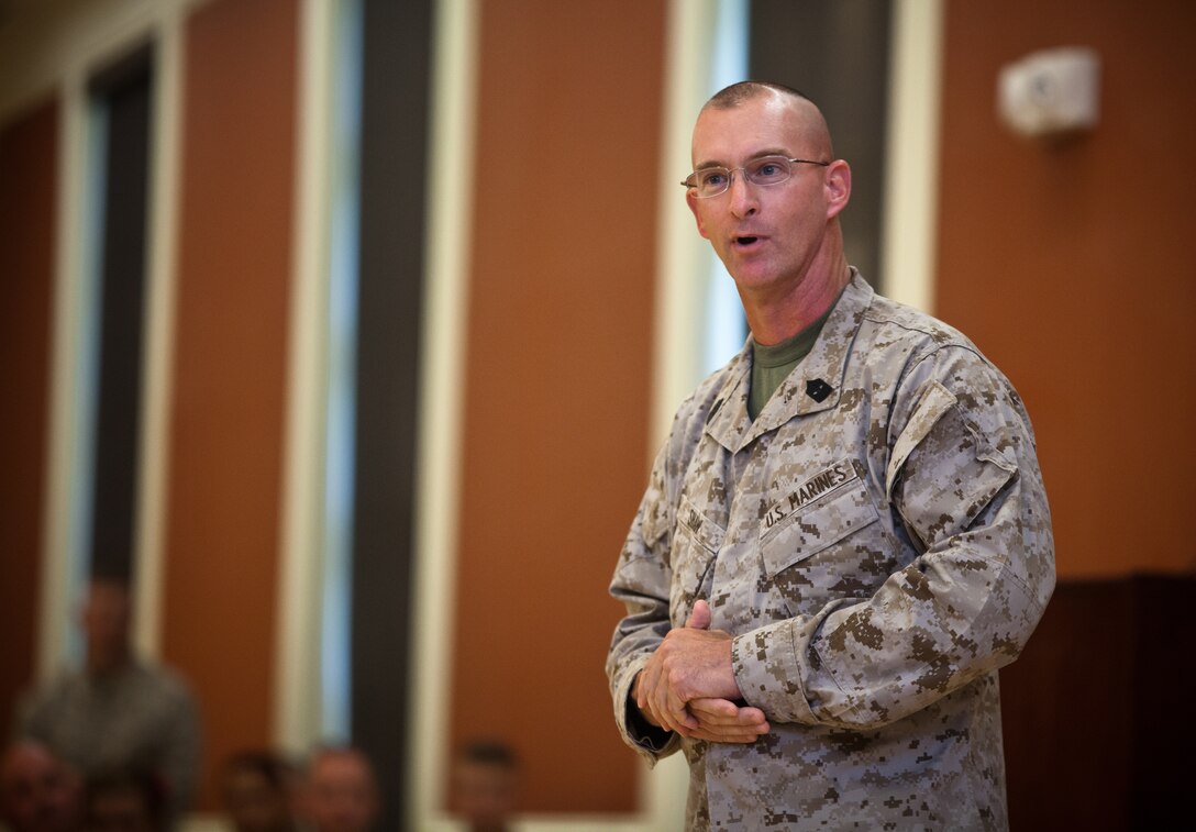 Sergeant Maj. Joseph D. Shaw, the incoming sergeant major of II Marine Expeditionary Force Headquarters Group, offers words of motivation during a relief and appointment ceremony at Camp Lejeune, Aug. 2. Shaw recently served as the sergeant major of 2nd Marine Division (Forward) while it deployed to Helmand Province, Afghanistan as Task Force Leatherneck in support of Operation Enduring Freedom.