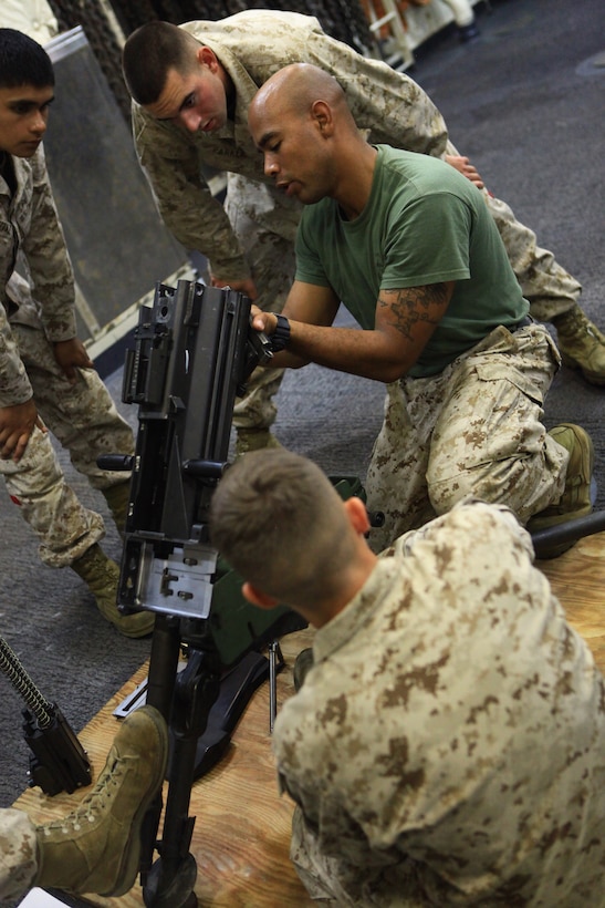 Cpl. Justin Wilson, a heavy equipment mechanic with Combat Logistics Regiment 27, 2nd Marine Logistics Group, disassembles a Mark 19 Grenade Launcher July 31, 2012, aboard the USS San Antonio in preparation for a public showing of equipment at Maine’s 2012 Lobster Festival. The personnel aboard the ship will share their expertise and experiences with the public to demonstrate the Marine-Navy capabilities during the festival. (Photo by Lance Cpl. Paul Peterson)