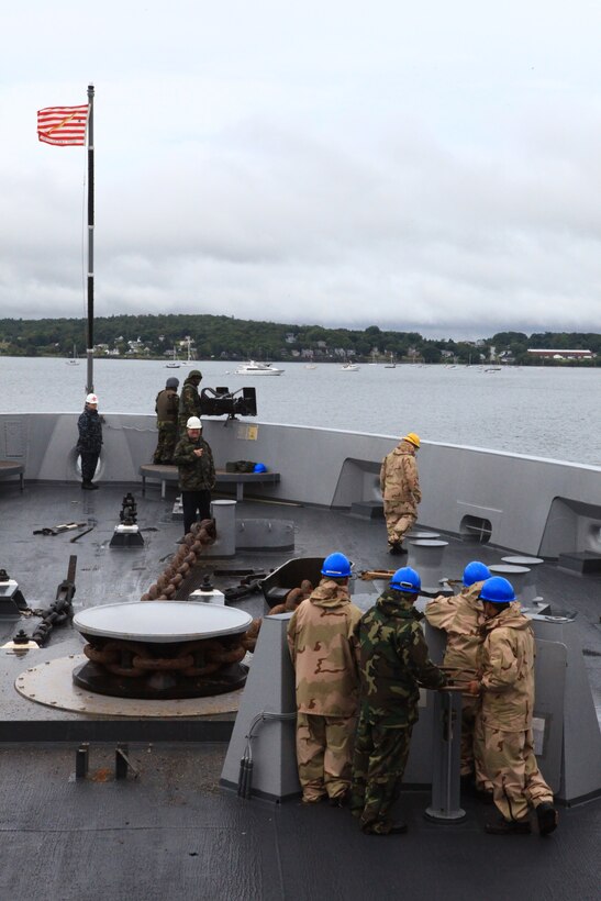 The crew aboard the USS San Antonio drop anchor off the coast of Rockland, Maine, to kick off the Marine-Navy participation in Maine’s 2012 Lobster Festival, Aug. 1, 2012. The troops aboard the San Antonio will join the American public from Aug. 1 to 5 to demonstrate their combined deployment capabilities.  (Photo by Lance Cpl. Paul Peterson)