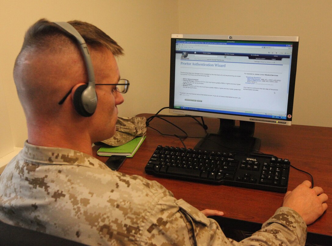 A Marine works on a MarineNet course at the Learning Resource Center on F Street aboard Marine Corps Base Camp Lejeune Aug. 3. There are seven LRC locations aboard the base to accommodate individual Marines and units to advance their personal and professional education. 