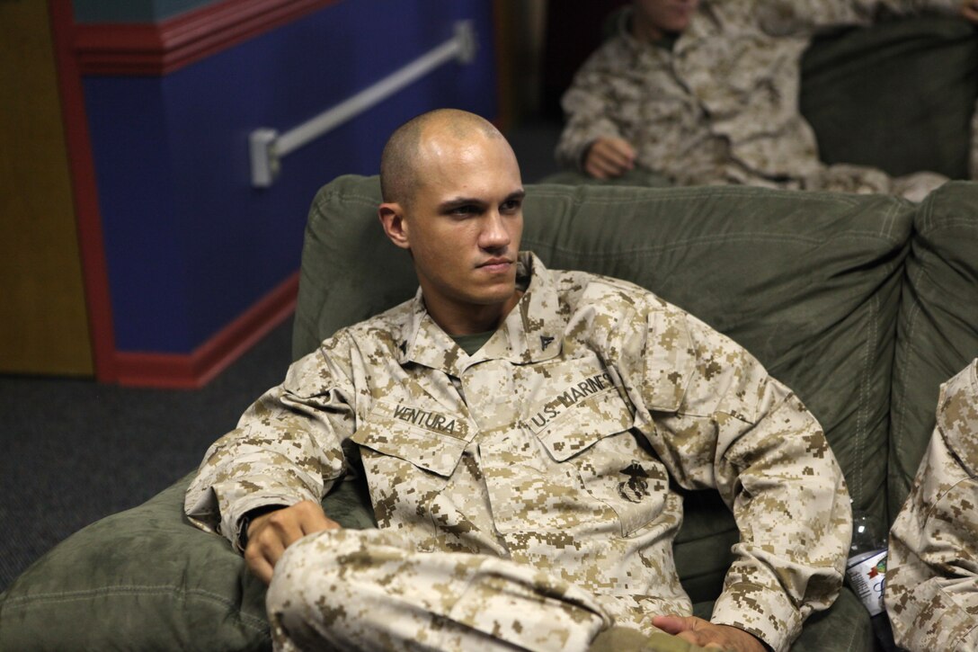 Lance Cpl. Tony Ventura listens to the instructor during Never Leave a Marine Behind training aboard Marine Corps Base Camp Lejeune, Aug. 2. The classes were held in small groups of under 30 Marines. 