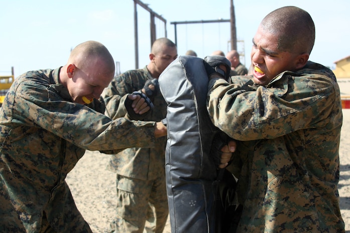 The Combat Conditioning Exercise allows recruits of Company H, 2nd Recruit Training Battalion, to reiterate all the Marine Corps Martial Arts Program techniques that they have learned in training and properly execute them in a stressful environment. Through this, the recruits will be able to build confidence that they'll be able to perform under pressure and complete the mission.