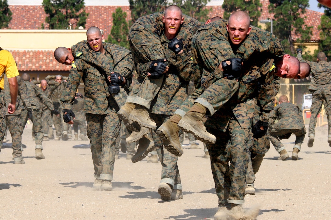 The fireman's carry is an effective way to transport a wounded comrade during battle. Recruits of Company H, 2nd Recruit Training Battalion, are taught how to properly carry a victim and are expected to perform it efficiently while in a stressful environment. 