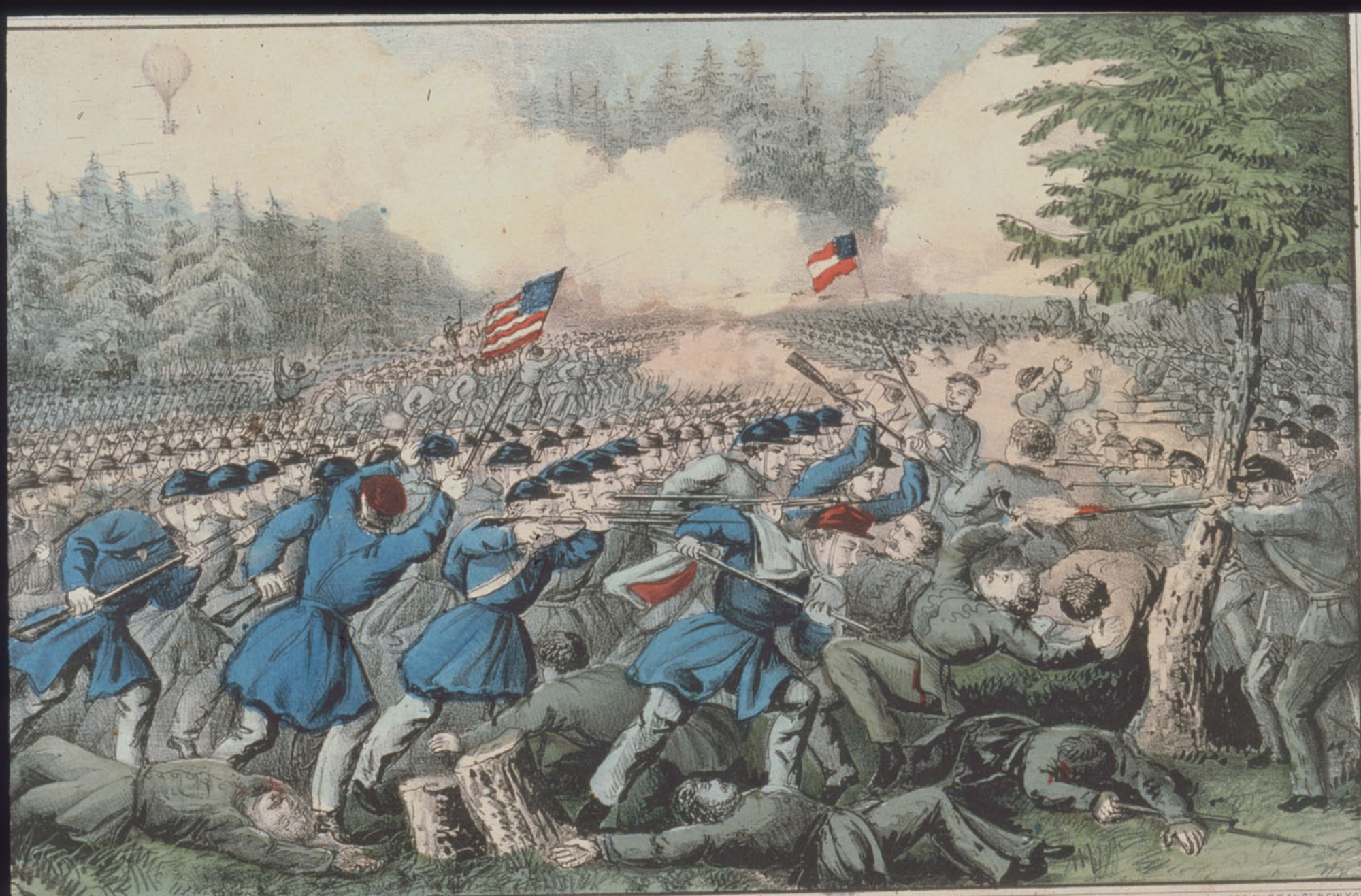 The Battle of Fair Oaks, Va., is depicted in this painting by Currier and Ives. In the upper left is the Intrepid, one of seven balloons used by the Union Army Balloon Corps for intelligence and reconnaissance purposes. The balloon is credited with saving Union Army Gen. Samuel Heintzelman's army from defeat in the battle, which took place May 31, 1862. (U.S. Air Force photo)