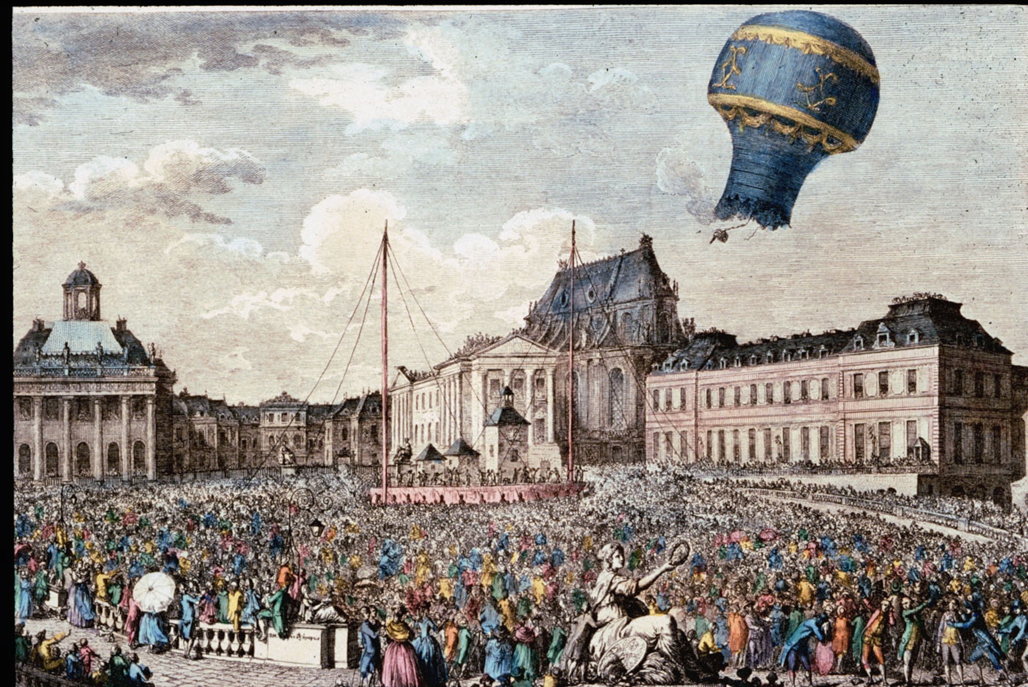 This item from the Gimbel Collection depicts one of the first balloon flights over Marseilles, France, in 1783. The balloon is named a Montgolfiere after its inventors, French paper makers Joseph and Jacques Montgolfier. Its first flight, over Annonay, France, reached an altitude of 6,562 feet. (U.S. Air Force photo)