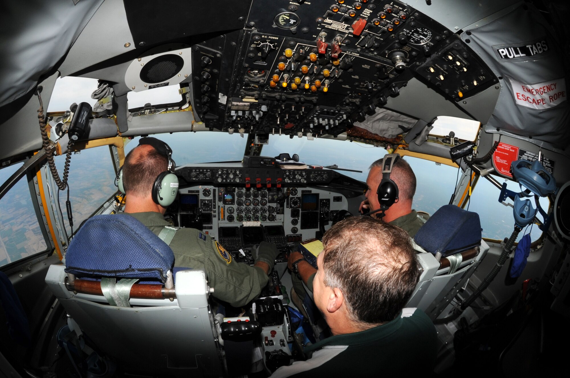 A civilian employer of a 442 Fighter Wing reservist sits in the cockpit of a KC-135 Stratotanker during a refueling mission during Employer Day, Aug. 4, 2012 here.  Employer Day allows the civilian employers of Air Force reservists the opportunity to see what their employees do on their Reserve weekend as well as thank the employees for their flexibility and support. The 303rd FS is assigned to the 442 FW, an Air Force Reserve unit stationed at Whiteman Air Force Base Mo. (U.S. Air Force photo/Staff Sgt. Lauren Padden)