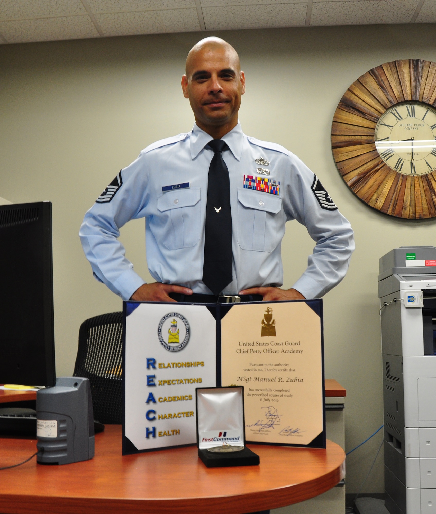 Master Sgt. Manuel Zubia, Air Reserve Personnel Center NCO in charge, Program Management, graduated from the U.S. Coast Guard Chief Petty Officer Academy July 6, 2012, at the training center in Petaluma, Calif. While at the CPO Academy he also earned a fitness award. (U.S. Air Force photo/Tech. Sgt. Rob Hazelett)