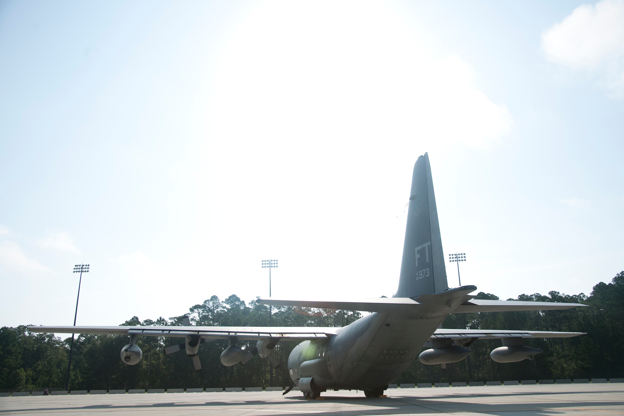 An HC-130P Combat King taxies to the flightline at Moody Air Force Base Ga., Aug. 3, 2012on. The C-130 simulated an engine failure while landing on Moody while holding simulated rounds during a weapons exercise. (U.S. Air Force photo by Airman 1st Class Paul Francis/Released)
