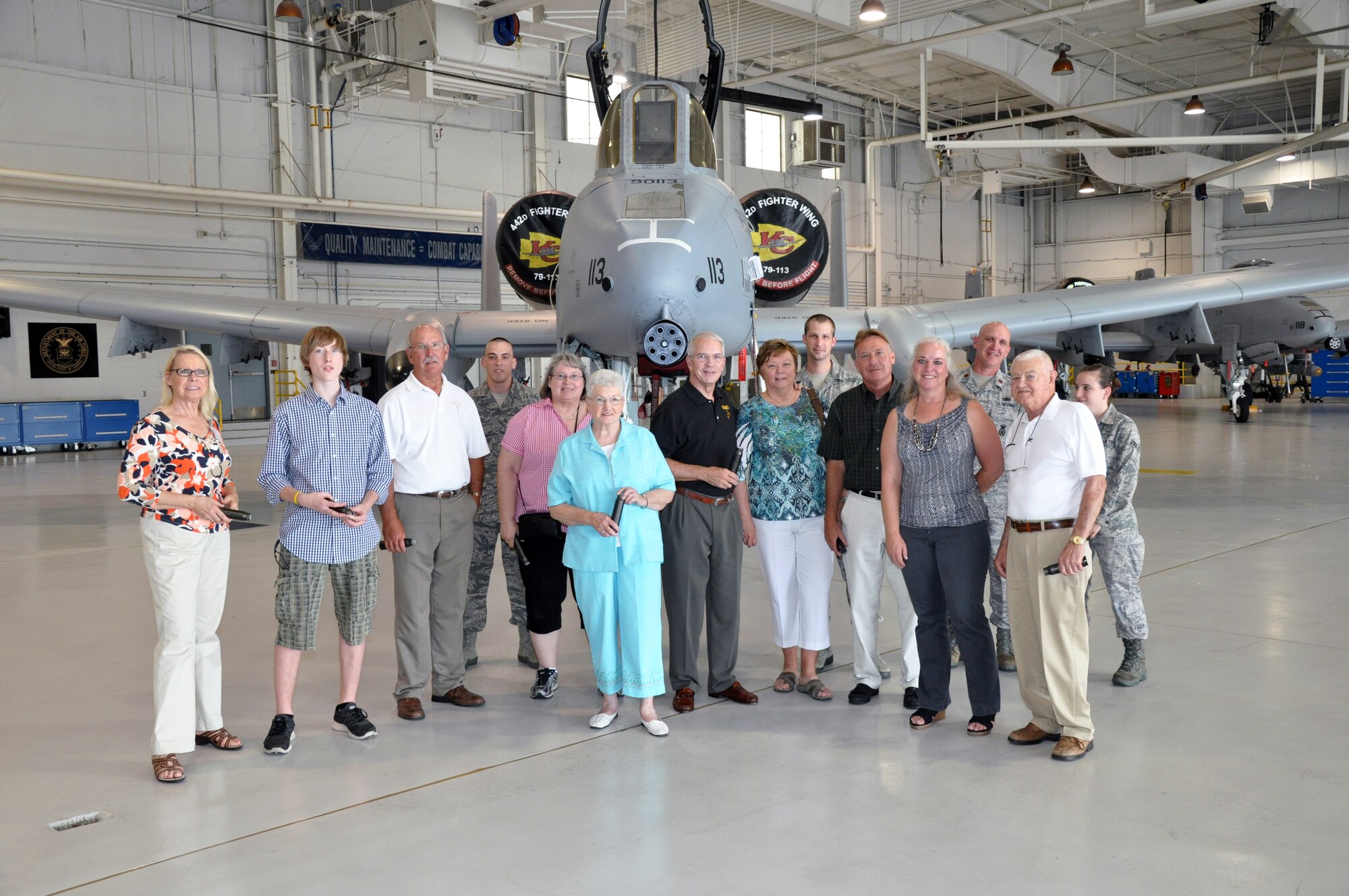 Whiteman Base Community Council members from Concordia and Cole Camp, Mo., tour the 442nd Fighter Wing and A-10 Thunderbolt II, Aug. 2, 2012. The 442nd Fighter Wing is an A-10 Thunderbolt II Air Force Reserve unit at Whiteman Air Force Base, Mo. The Base Community Council is a group of volunteer members from nearby communities dedicated to supporting Airmen. (U.S. Air Force photo/Tech. Sgt. Kent Kagarise)