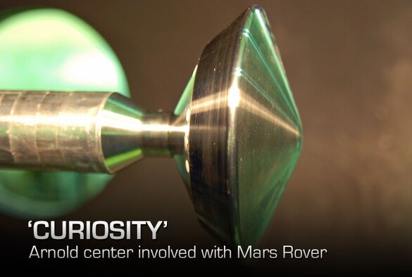 A 1/30-scale model of the aeroshell configuration for the Mars Science Laboratory underwent aerodynamic atmospheric descent testing at AEDC's Hypervelocity Wind Tunnel 9 Facility. (AEDC photo)