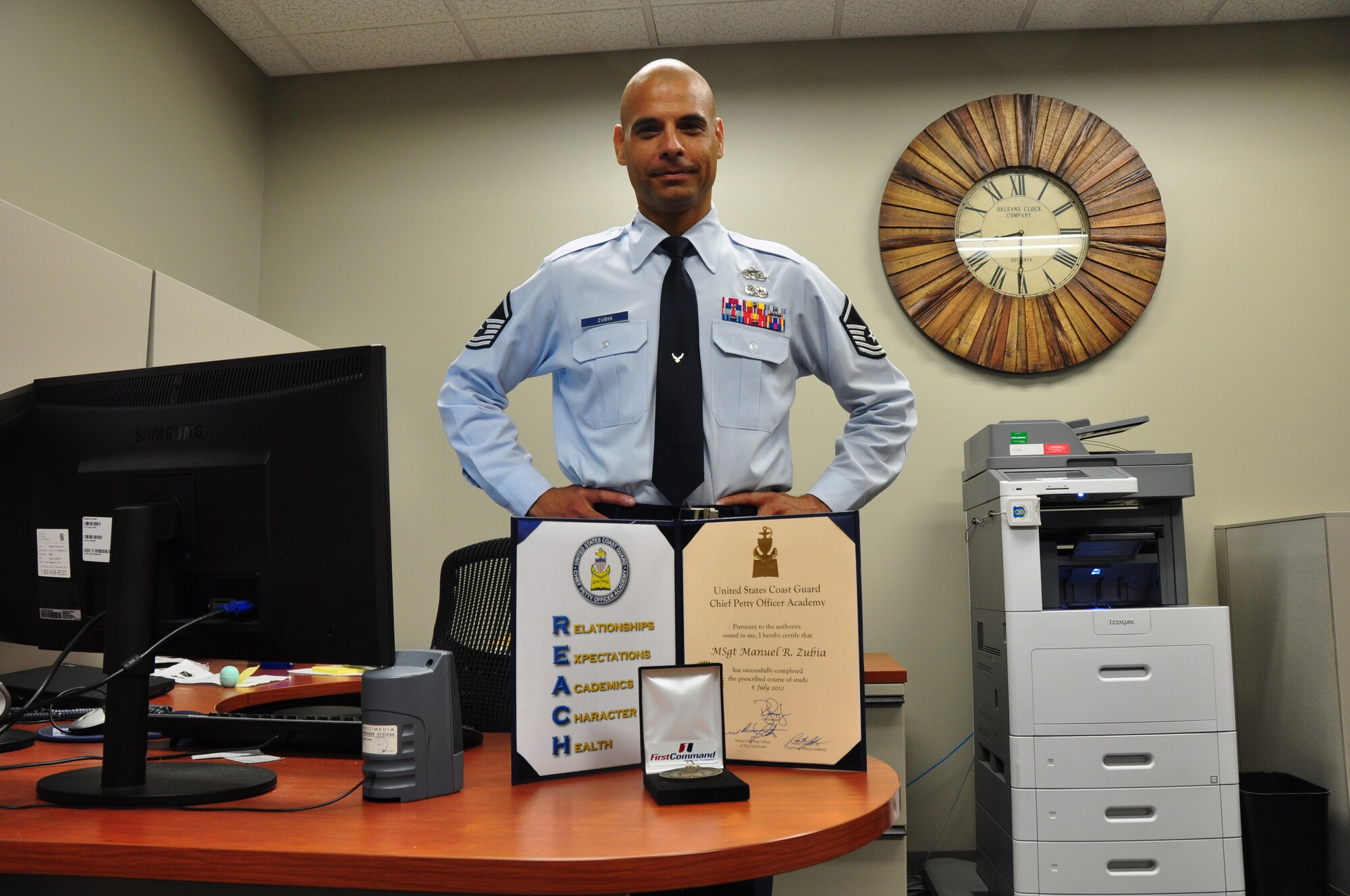 Master Sgt. Manuel Zubia, Air Reserve Personnel Center program management NCO in charge, graduated from the U.S. Coast Guard Chief Petty Officer Academy July 6, 2012, at the training center in Petaluma, Calif. While at the CPO Academy he also earned a fitness award. (U.S. Air Force photo/Tech. Sgt. Rob Hazelett)