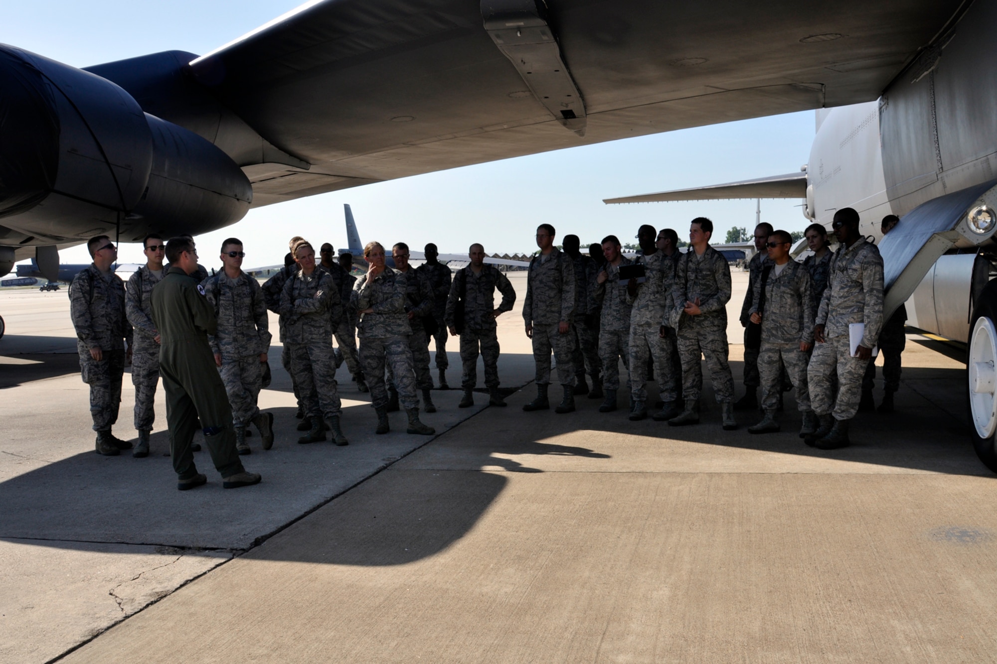 Capt. Nathan Mott, a pilot for the B-52 Stratofortress assigned to the 11th Bomb Squadron, briefs a group of chaplain candidates about the B-52, during their visit to Barksdale Air Force Base, La., July 31, 2012. A briefing on the B-52 Stratofortress was part of The Chaplain Candidate Intensive Internship program’s visit to Barksdale from July 27 to Aug 2, 2012. (U.S. Air Force photo by Betty Stephens)