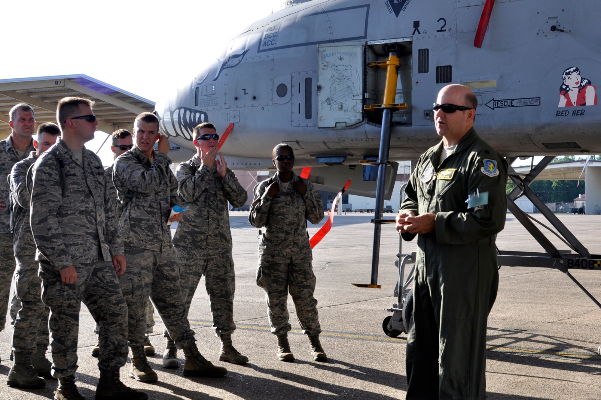 Lt. Col. James Marks, commander of the 917th Operations Support Flight, briefs a group of Chaplain Candidates about the A-10 Thunderbolt II, during their visit to Barksdale Air Force Base, La., July 31, 2012. A briefing on the A-10 Thunderbolt II was part of The Chaplain Candidate Intensive Internship program’s visit to Barksdale. (U.S. Air Force photo by Betty Stephens)