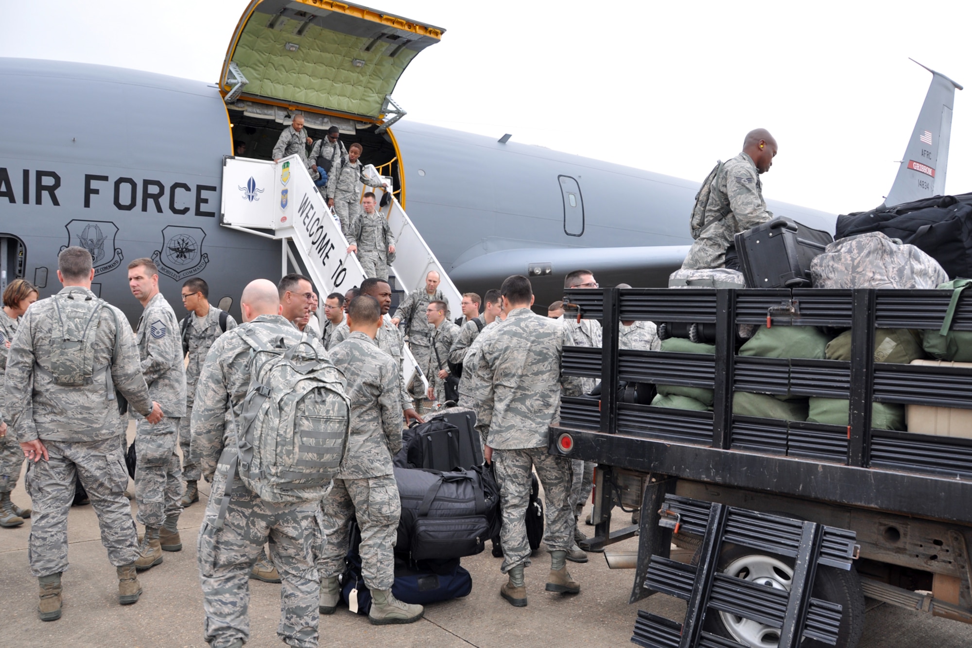Air Force Chaplain Candidates, their mentors and support staff arrive at Barksdale Air Force Base, La., July 27, 2012. Barksdale was the second stop for the 28 candidates as part of The Chaplain Candidate Intensive Internship, which is a program designed to provide a structured opportunity for students to test their call and suitability for service as Air Force chaplains. The program exposes the candidates to what the Air Force is all about. (U.S. Air Force photo by Master Sgt. Jeff Walston)