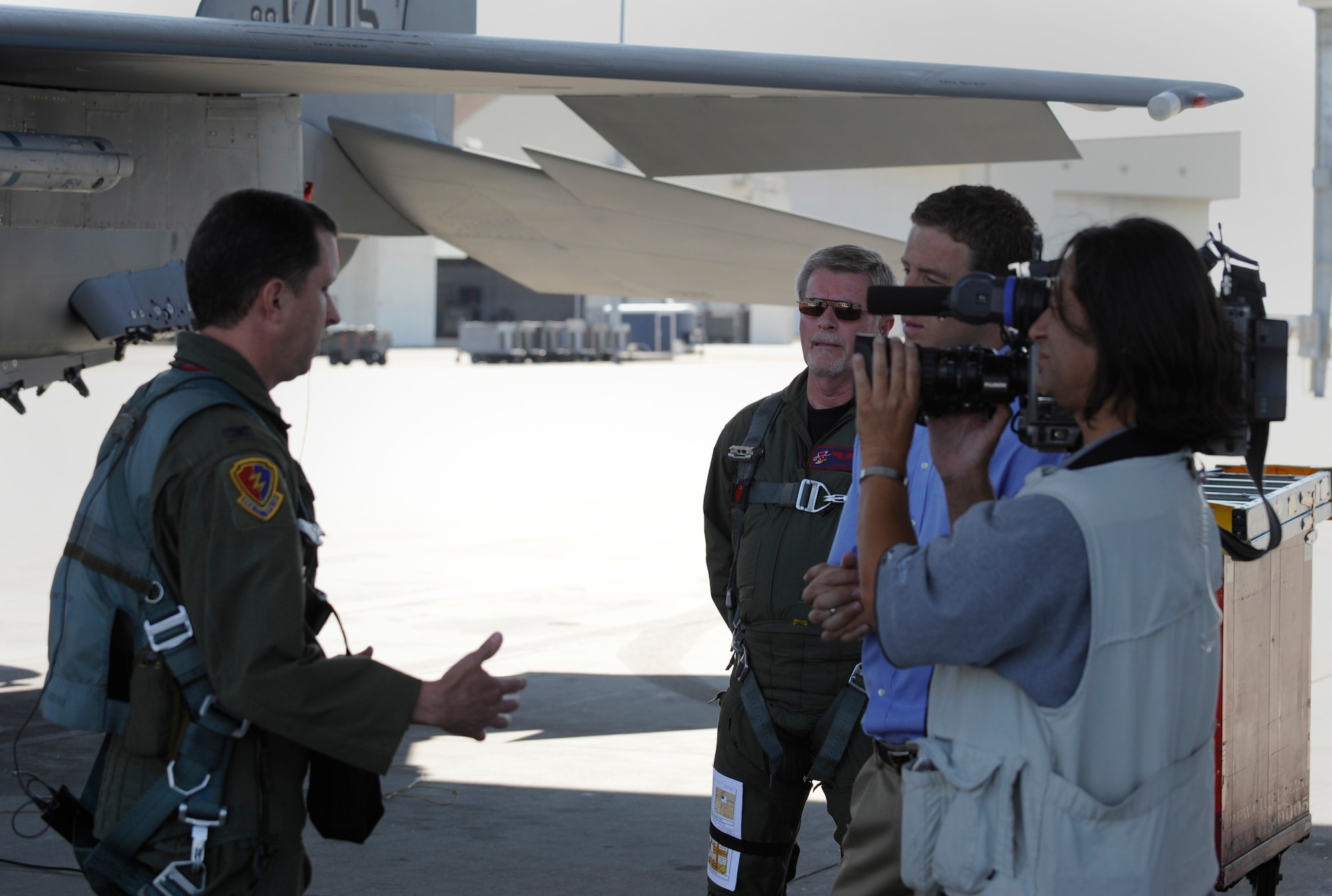 U.S. Air Force Col.  Christopher Sage, 366th Operations Group commander, speaks to media representatives prior to the first flight in the Mountain Home Range Complex’s new airspace at Mountain Home Air Force Base, Idaho, July 26, 2012. The expansion will accommodate the technological advancements of modern aircraft and meet current and future training requirements for the F-15E Strike Eagle. (U.S. Air Force photo/2nd. Lt. Bryant Davis)