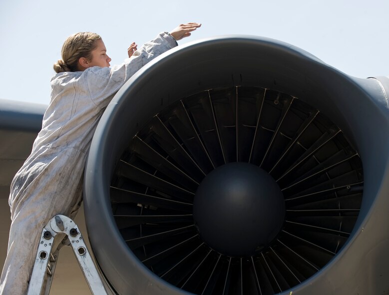 Senior Airman Anna Simon, 96th Aircraft Maintenance Unit aerospace propulsion technician, inspects the engine inlet of a B-52H Stratofortress on Barksdale Air Force Base, La., Aug. 3. The combined efforts of the 2nd Maintenance Group units resulted in July being the most successful maintenance month here in 16 years. (U.S. Air Force photo/Staff Sgt. Chad Warren)(RELEASED)