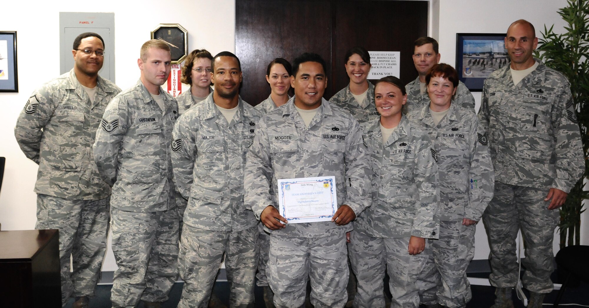 ANDERSEN AIR FORCE BASE, Guam—Staff Sgt. Roderick Mogote, 36th Wing Maintenance Group maintenance operations center controller, was awarded Team Andersen’s Best August 3. Team Andersen's Best is a recognition program which highlights a top performer from the 36th Wing. Each week, supervisors nominate a member of their team for outstanding performance and the wing commander presents the selected Airman/civilian with an award. To nominate your Airman/civilian for Andersen's Best, contact your unit chief or superintendent explaining their accomplishments. (U.S. Air Force photo by Airman 1st Class Mariah Haddenham