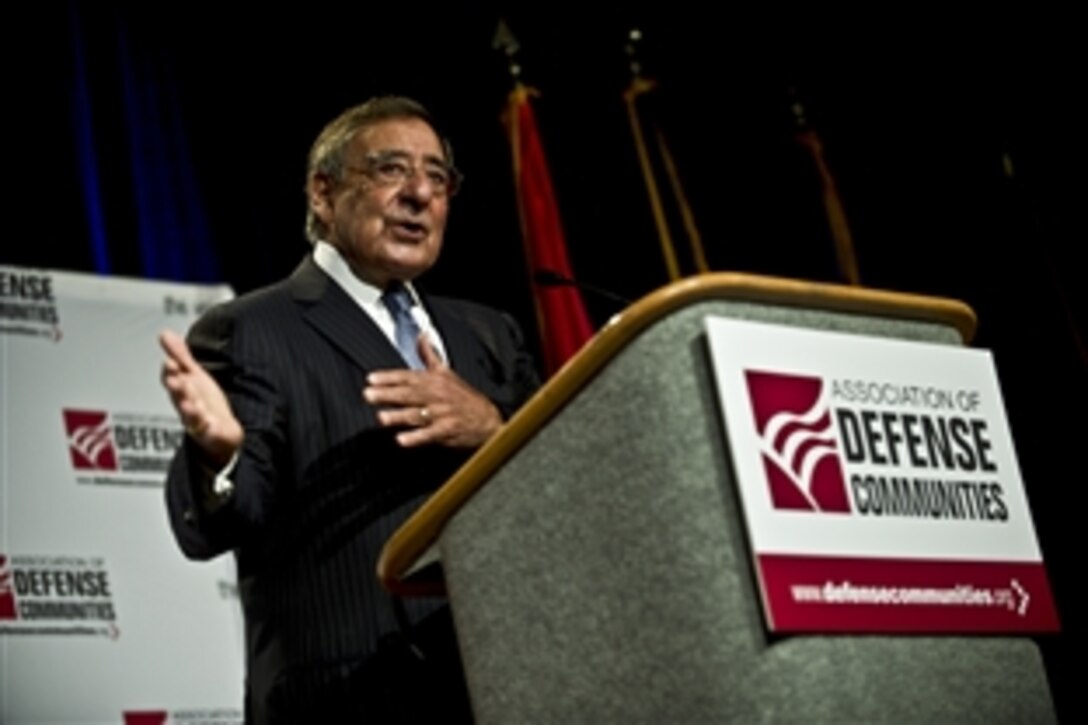 Defense Secretary Leon E. Panetta addresses audience members during the Association of Defense Communities' annual conference in Monterey, Calif., Aug. 6, 2012. 