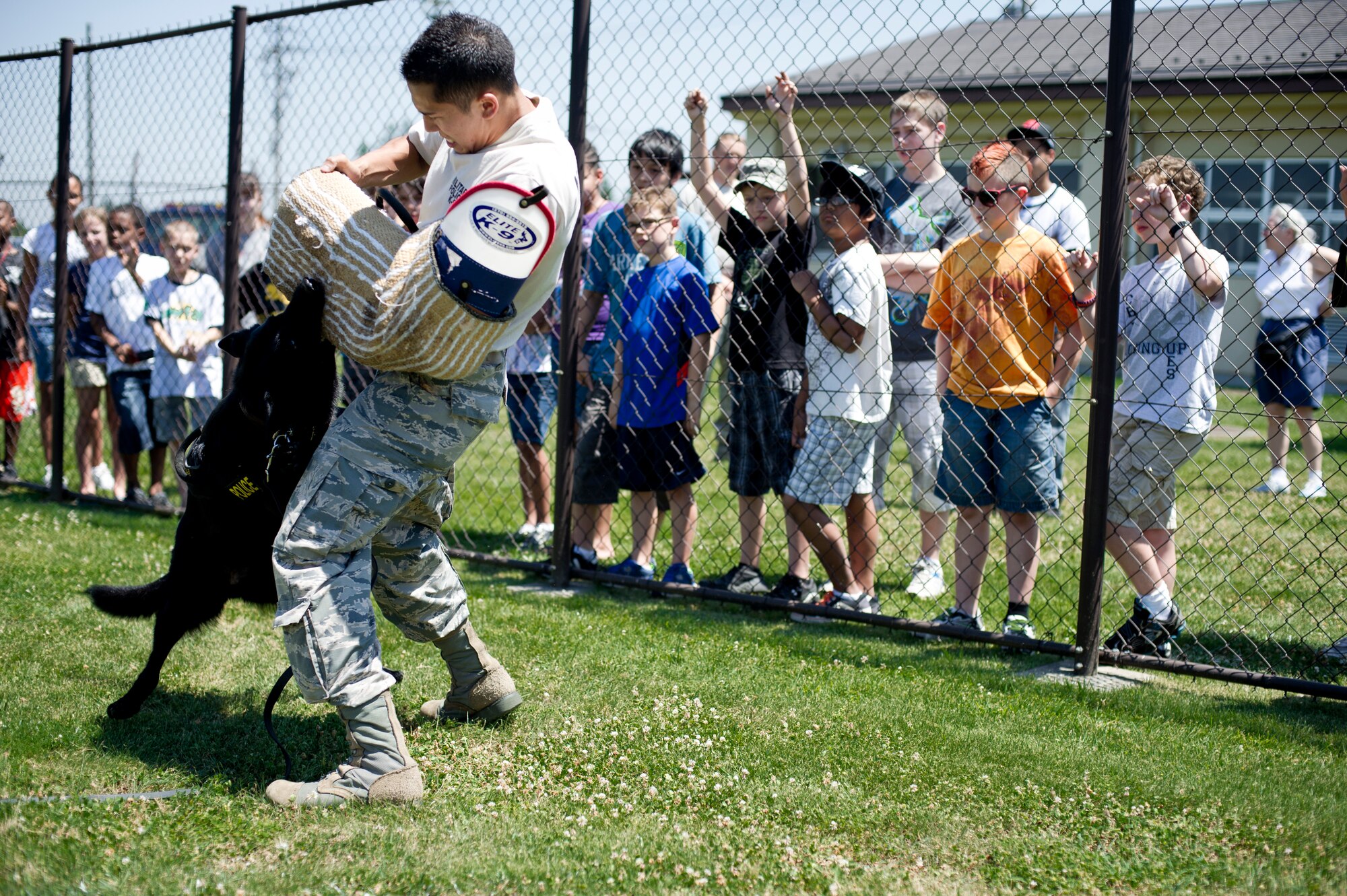 YOKOTA AIR BASE, Japan -- Staff Sgt. Jonathan Schreyer, 374th Security Forces Squadron military working dog handler, wrestles with Stella, 374 SFS military working dog, during a demonstration for the Yokota Youth Center crime scene investigation camp at Yokota Air Base, Japan, July 31, 2012. In addition to investigation techniques, camp participants were shown other parts of the security forces mission such as this dog demonstration. (U.S. Air Force photo by Staff Sgt. Stacy Moless)