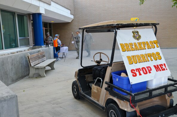 Volunteers from the Boise Civil Air Patrol sell breakfast burritos each Saturday and Sunday morning of primary drill on the south side of Building 400 and in front of the base theater, as well by golf cart.