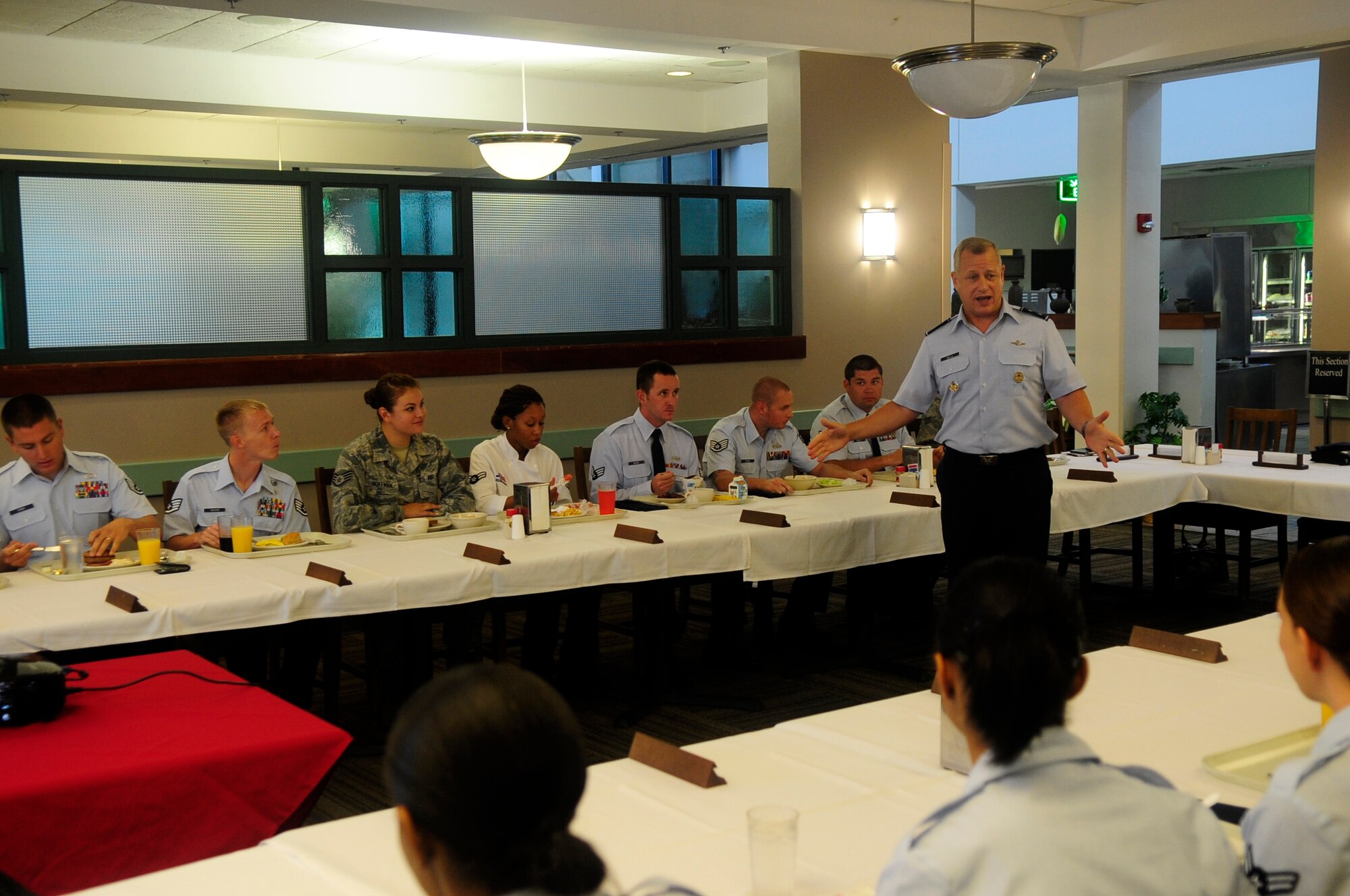 U.S. Air Force Maj. Gen. Lawrence Wells, 9th Air Force commander, speaks to recently deployed Airmen from the 20th Fighter Wing at Shaw Air Force Base, S.C., Aug. 6, 2012. Wells visited different squadrons on base to speak with Airmen and understand their mission and daily duties. (U.S. Air Force photo by Airman 1st Class Hunter Brady/Released)