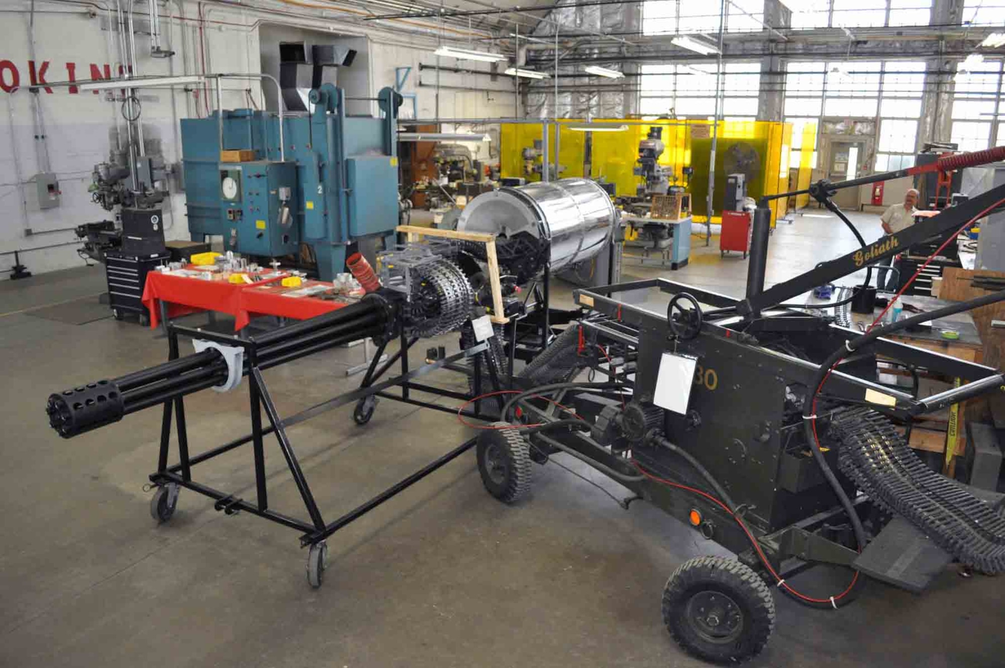 GAU-8/A ammunition loading system, cannon and drum in the restoration hangar. (Photo courtesy of Garry Guthrie)