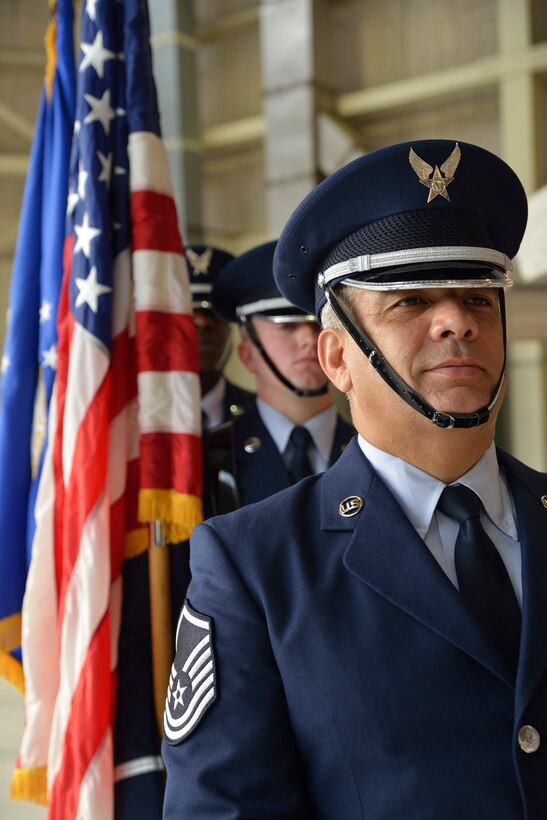 Members of the Base Honor Guard ready to present the colors at the Air Show kick-off breakfast August 3, 2012. (U.S. Air Force photo by W.C. Pope)